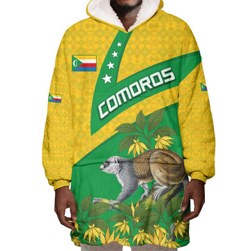 Comoros Wearable Blanket Hoodie - National Flag Lemur Design and Ylang Ylang Flower Pattern TS04