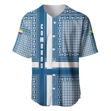 Comoros Baseball Jersey - Blue and White Traditional Geometric Pattern and National Flag Detail TS04