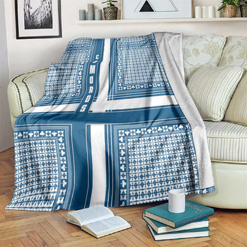 Comoros Blanket - Blue and White Traditional Geometric Pattern and National Flag Detail TS04