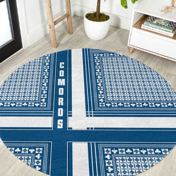 Comoros Round Carpet - Blue and White Traditional Geometric Pattern and National Flag Detail TS04