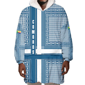 Comoros Wearable Blanket Hoodie - Blue and White Traditional Geometric Pattern and National Flag Detail TS04