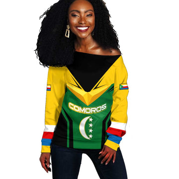 Comoros Off Shoulder Sweater - National Colors Green Yellow Black Crescent Moon and Stars Emblem TS04