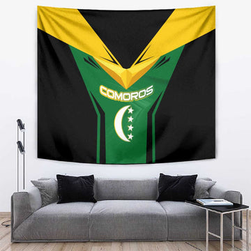Comoros Tapestry - National Colors Green Yellow Black Crescent Moon and Stars Emblem TS04