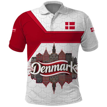 Denmark Polo Shirt with Cityscape Print and Royal Coat of Arms Design TS04
