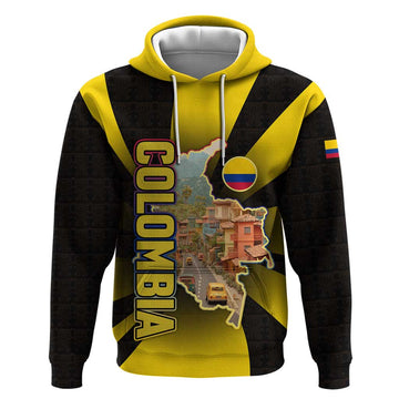 Colombia Heritage Hoodie with Yellow Black Flag Map and City Street Art TS04