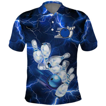 Blue Lightning Bowling Polo Shirt with Striking Ball and Pins Graphic and Custom Name Design TS04