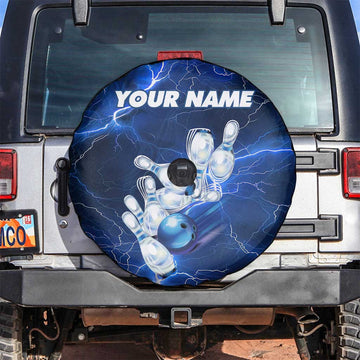 Blue Lightning Bowling Spare Tire Cover with Striking Ball and Pins Graphic and Custom Name Design TS04