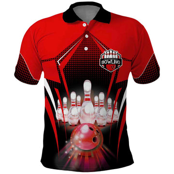 Red Bowling Strike Graphic Polo Shirt with Pins and Ball and Custom Name Design TS04