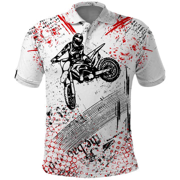 Motocross Rider Polo Shirt with Abstract Grunge Brush and Custom Number in Red and Black Splatter Design TS04