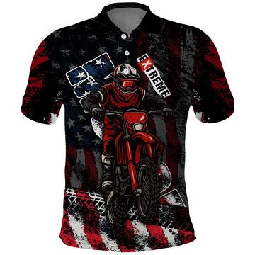 Motocross Rider Polo Shirt with American Flag Background and Extreme Text in Red and Black Grunge Design TS04