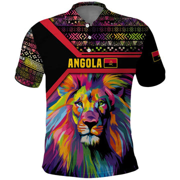 Angola Polo Shirt with Multicolor Tribal Design and Vibrant Lion TS04