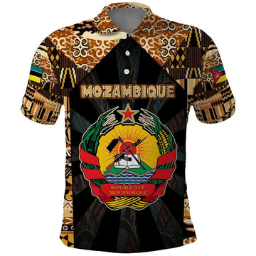 Mozambique Polo Shirt with Black Brown Tribal Design and National Emblem TS04