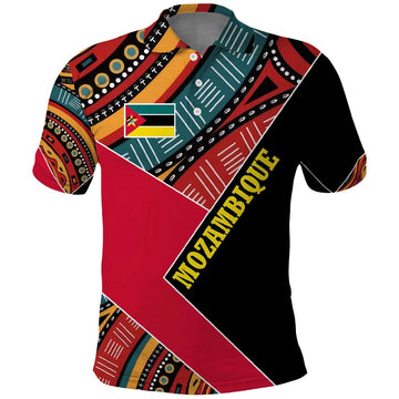 Mozambique Polo Shirt with Red Black Geometric Design and Tribal Pattern TS04