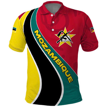 Mozambique Polo Shirt with Red Yellow Green Wave Design and National Emblem TS04