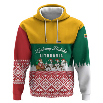 Lithuania Christmas Hoodie with Santa Sleigh Pulled by Storks and Folk Pattern Design TS04