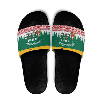 Lithuania Christmas Slide Sandals with Santa Sleigh Pulled by Storks and Folk Pattern Design TS04
