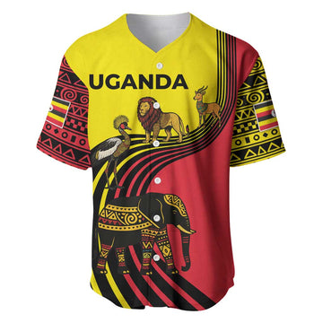 Uganda Baseball Jersey - African Wildlife Elephant Lion and Crane in Tribal Pattern Design TS04