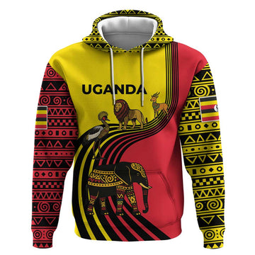 Uganda Hoodie with African Wildlife Elephant Lion and Crane in Tribal Pattern Design TS04