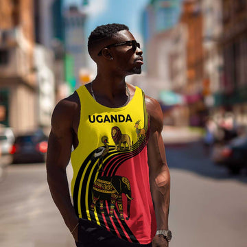Uganda Men Tank Top - African Wildlife Elephant Lion and Crane in Tribal Pattern Design TS04