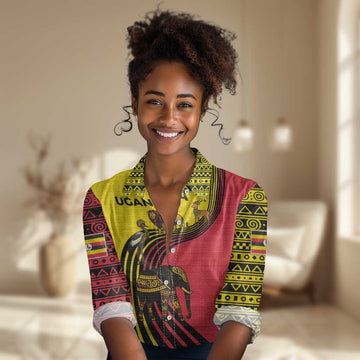 Uganda Women Casual Shirt - African Wildlife Elephant Lion and Crane in Tribal Pattern Design TS04