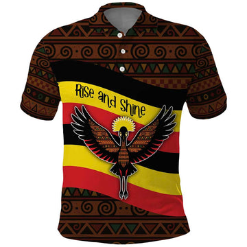Uganda Polo Shirt with Crested Crane and Rise and Shine Tribal Pattern Design TS04