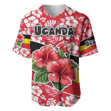 Uganda Baseball Jersey - Red Hibiscus Flowers and National Flag Design TS04