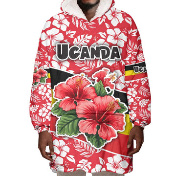 Uganda Wearable Blanket Hoodie - Red Hibiscus Flowers and National Flag Design TS04