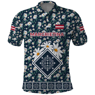 Latvia Polo Shirt with Margrietina Daisy and Ethnic Pattern Latvia in Bloom Floral Design TS04