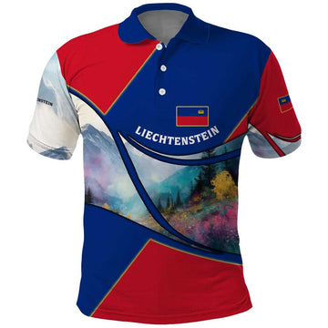Liechtenstein Polo Shirt with Red Blue Mountain Landscape Design and Crown Emblem TS04