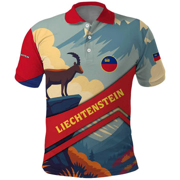 Liechtenstein Polo Shirt with Mountain Goat Landscape Design and Red Blue Alps TS04