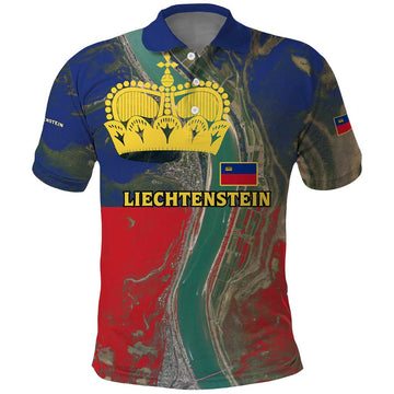 Liechtenstein Polo Shirt with Red Blue Aerial River Design and Yellow Crown Emblem TS04