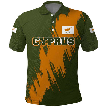 Cyprus Polo Shirt with Green Orange Brushstroke Design and National Emblem TS04