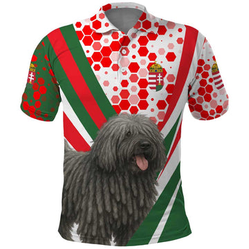 Hungary Polo Shirt with Puli Dog Illustration Design and Red Green Hexagon TS04