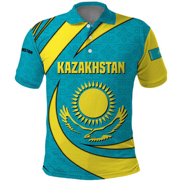 Kazakhstan National Flag Polo Shirt with Mangilik El Bald Eagle and Blue Tribal Pattern TS04