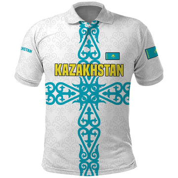 Kazakhstan National Symbols Polo Shirt with Tribal Animal Crest and Blue Ethnic Motif on White TS04