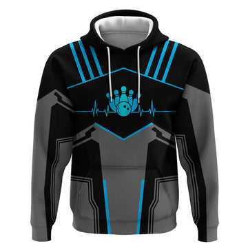 Custom Bowling Team Hoodie with Blue Bowling Pin Heartbeat Graphic and Winged Emblem TS04