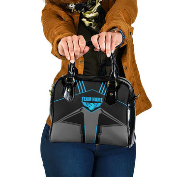 Custom Bowling Team Shoulder Handbag with Blue Bowling Pin Heartbeat Graphic and Winged Emblem TS04