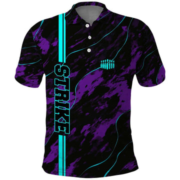 Strike Bowling Graphic Polo Shirt with Purple Black Marble Texture and Custom Team Name TS04