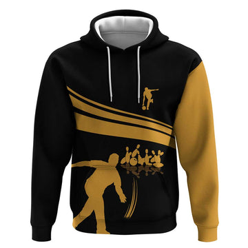 Bowling Player Silhouette Hoodie with Gold Strike Motion and Custom Team Name Design TS04