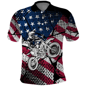 Motocross Rider Polo Shirt with American Flag Grunge Pattern and Custom Name Number TS04