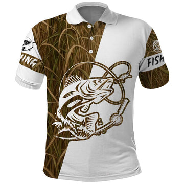 Walleye Fishing Polo Shirt with Reeds Background and Custom Name Design TS04