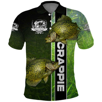 Crappie Fish Green Underwater Graphic Polo Shirt with Custom Name and Fishing Logo Design TS04