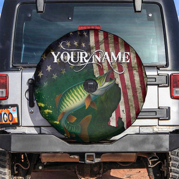 Musky Fishing Design Spare Tire Cover with American Flag Background and Custom Name Print TS04