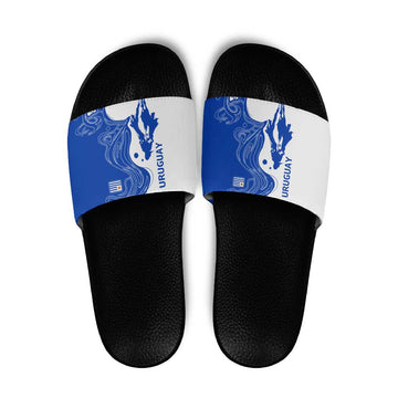 Uruguay Slide Sandals with Gaucho Rider Illustration Blue White Swirl TS04