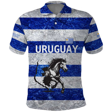 Uruguay Polo Shirt with Wild Horse Illustration Blue Gray Striped TS04