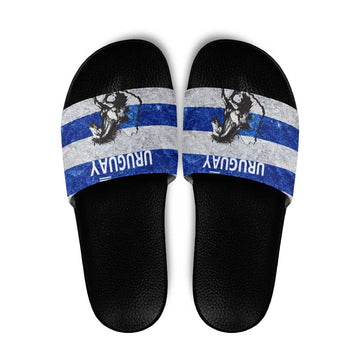 Uruguay Slide Sandals with Wild Horse Illustration Blue Gray Striped TS04