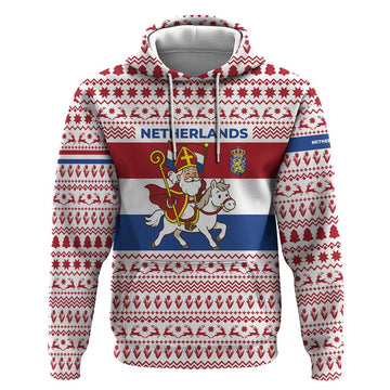 Netherlands Christmas Hoodie with Sinterklaas Horse Dutch Flag and Festive Knit Pattern TS04