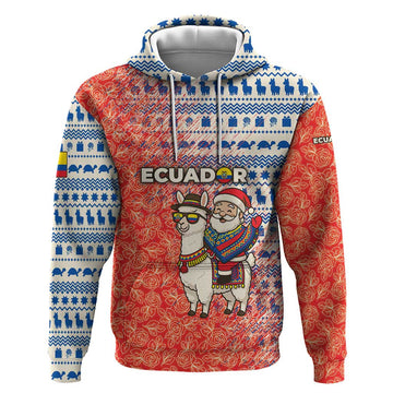 Ecuador Christmas Hoodie with Santa Riding Llama Traditional Patterns and Rose Design TS04