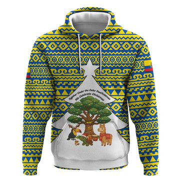 Ecuador Christmas Hoodie with Ceibo Tree Llama Toucan and Traditional Yellow Blue Pattern Design TS04