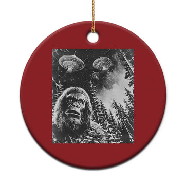 Funny Graphic Bigfoot Selfie with UFOs Weird Christmas Ornament TS10